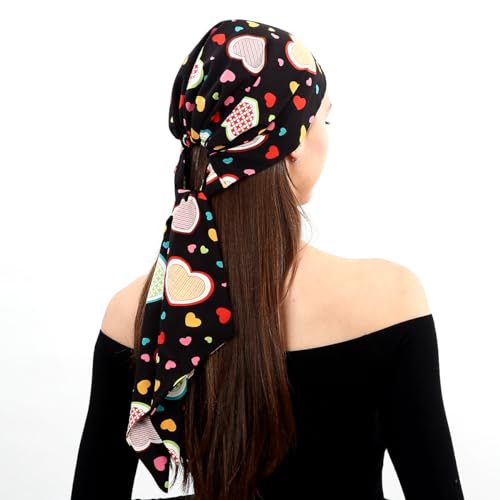 LONEEDY Print Bandana for Women Cotton Hair Scarf for Girls Elegant Headwear (Black-heart, One Size)