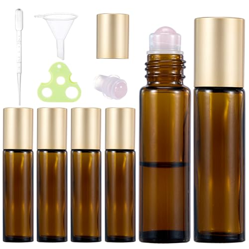 6 Pack Rose Quartz Roller Bottles for Essential Oils - 10ml Amber Glass