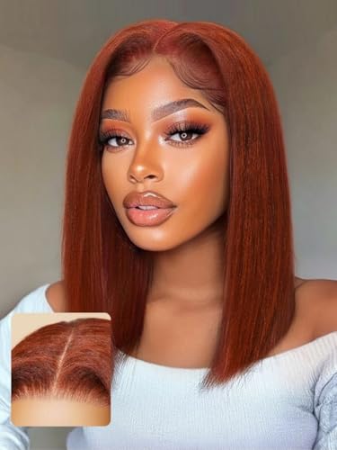 Nadula Reddish Brown Yaki Straight Bob Wig 7x5 Lace Front Human Hair Pre-Plucked