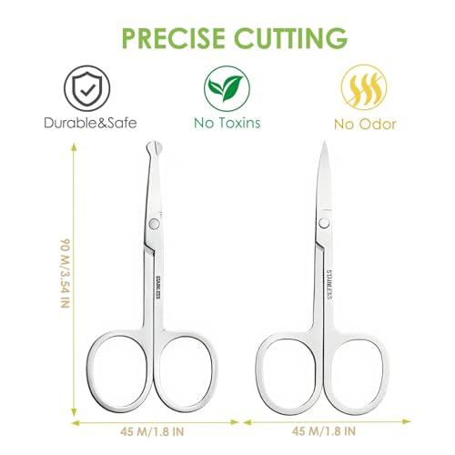 2 Pack Facial Grooming Scissors - Small Nose, Eyebrow, Mustache & Beard Trimmers - Stainless Steel, Curved & Rounded Tips - Silver