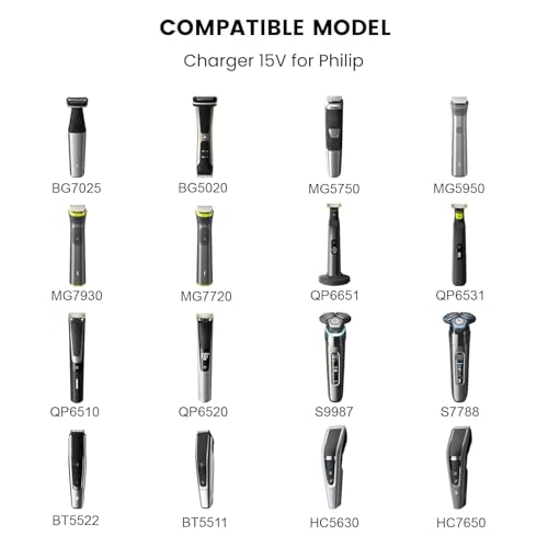 15V Compatible with Philips Norelco Charger, HQ8505 Razor Power Cord for (Older Shaver) Series 3000 5000 6000 7000 9000, Multigroom MG5750 MG7750 MG7770 MG7790 BodyGroomer BG7030 BG7040 BG5025