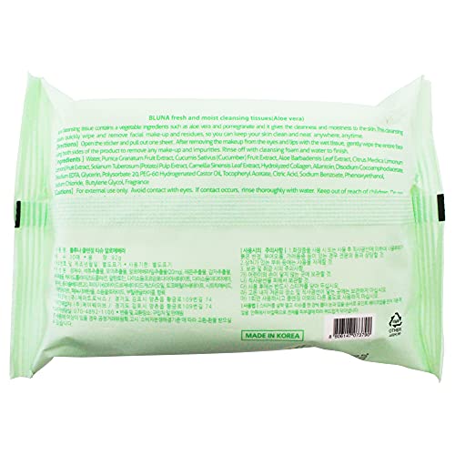 Bluna Facial Make-Up Cleansing Tissue for All Skin Types, Aloe Vera, 30ct per pack (2 PACK)