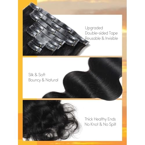 Caliee 16 Inch Body Wave Clip in Hair Extensions Real Human Hair Invisible Skin Weft Virgin Human Hair Soft 8Pcs 115G Natural Black Body Wave Clip ins Human Hair