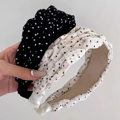 2 Pack Polka Dot Headbands for Women - Wide Braided Hair Bands