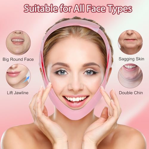 V Line Lifting Mask, Soft Silicone Double Chin Reducer, Chin Strap for Sleeping - Jawline Shaper - Face Lifting Strap 23-27 Inches (Pink)