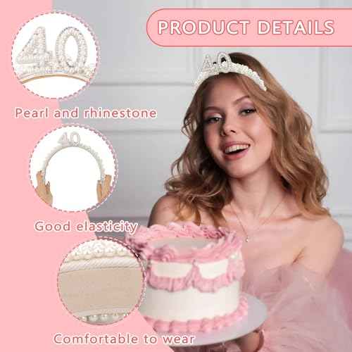 40th Birthday Headband for Women, 40th Birthday Crown for 40th Birthday Outfit Dress for Women, Birthday Headband with Pearl for 40th Birthday Decorations, Happy 40th Birthday Decorations