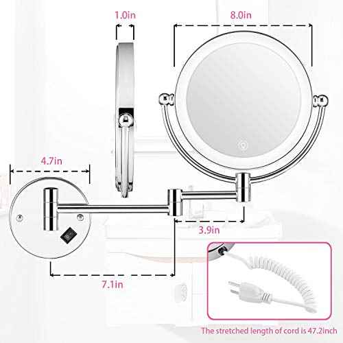 Wall Mounted Lighted Makeup Mirror, 8 Inch Double-Sided 1X 5X Magnifying Mirror for Bathroom, 11'' Extendable Arm, 360¡Æ Swivel, Touch DimmableLED Lights, Powered by Plug in, Chrome