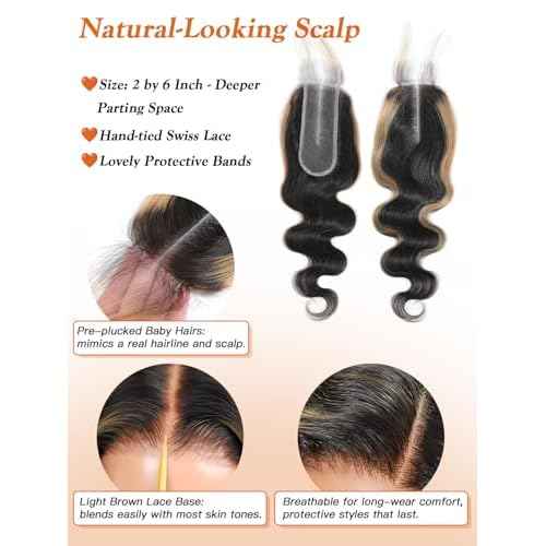 P1b/27 Human Hair Bundles Body Wave 2x6 Closure with Bundles 16 18 20+14 Inch, Honey Blonde Highlight Loose Wave Weave 12A Black Balayage Bundles with 2x6 Lace Sew In Closure