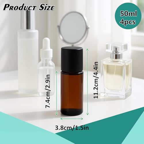 4-Pack 50ml Amber Glass Roller Bottles - Refillable & Leak-Proof