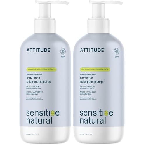 ATTITUDE Body Lotion for Sensitive Skin with Oat,EWG Verified,Dermatologically Tested,Vegan,Extra Gentle,Unscented,16 Fl Oz,(Pack of 2)