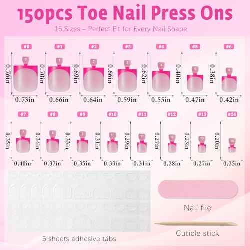 French Tip Press On Toenails - 150pcs Kit with Adhesive Tabs