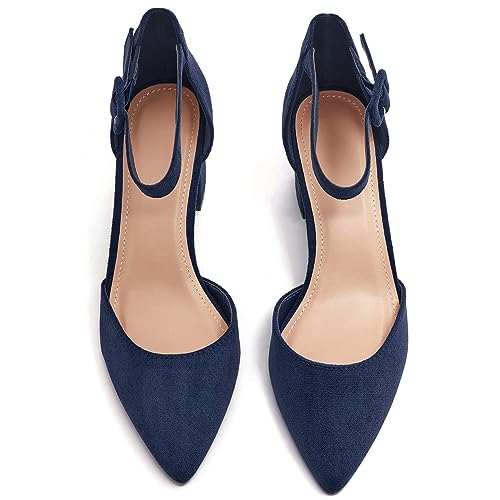 LAICIGO Women's Pointed Toe Pumps Ankle Strap Buckle Chunky Block Heel Dress D'Orsay Shoes