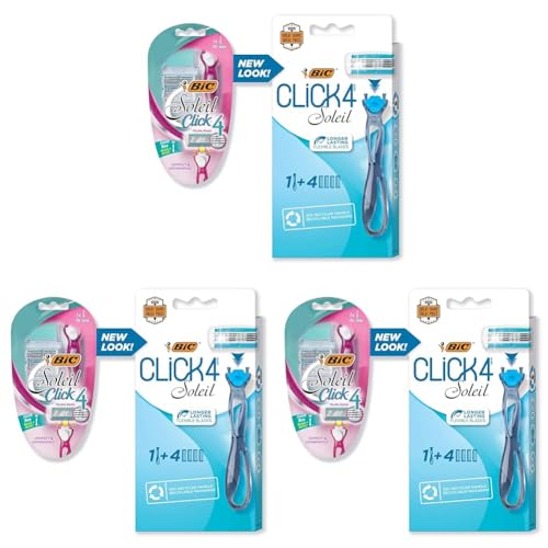 BIC Soleil Bella Click Women's 4-Blade Disposable Razor, 1 Handle and 4 Cartridges (Pack of 3)