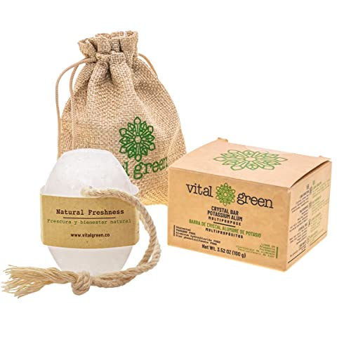 Vital Green Multipurpose Alum Crystal Bar- Eliminates Odor, Does not Stain and Fragrance-Free - Can be Used by the Whole Family - Plastic Free - 3.53 oz / 100 g (1 Unit)