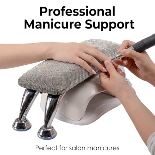 Klimonla Manicure Arm Rest for Nails Tech - Salon Grade Manicure Hand Rest with Non-Slip Mat, Durable Sparkly Fabric Stable Metal Base for Nail Techs Home Beauty Salon