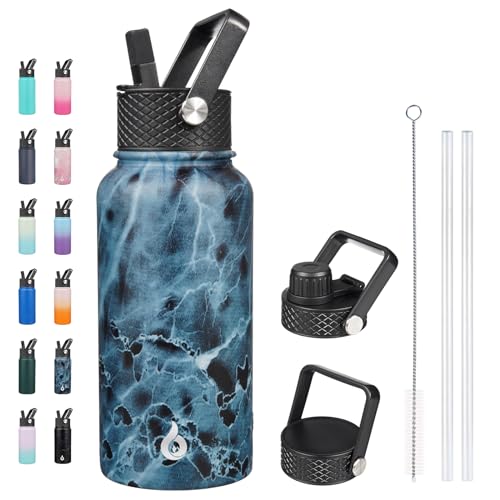 BJPKPK Insulated Water Bottles with Straw Lid, 27oz Stainless Steel Water Bottle with 3 Lids, Leak Proof BPA Free Metal Thermos Mug, Sports Water Bottle Keep Cold & Hot-Ocean