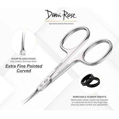 Cuticle Scissors Extra Fine Curved - Pointed Tip Professional Manicure Scissors for Cuticles, Nails, Eyelash, Nose Hair, Beard, Mustache - Nail Scissors with Rubber Inserts