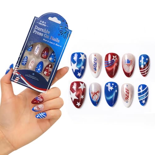4th of July Press On Nails Red White Blue Almond 32pc