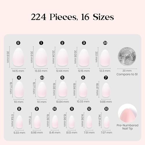 Beetles Short Almond Press-On Nails - Ombre French Tip 16 Sizes - White Ombre - 224 Pack