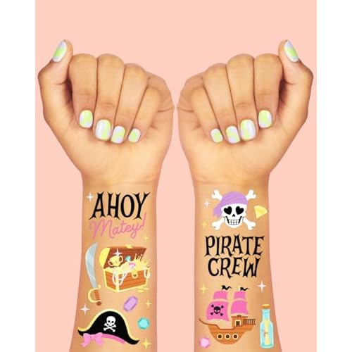 xo, Fetti Pirate Crew Temporary Tattoos - 48 Gold Foil Pcs | Birthday Accessory, Girl Treasure Hunt Decorations, Kids Ahoy Party Favor, Cute Pink Activity