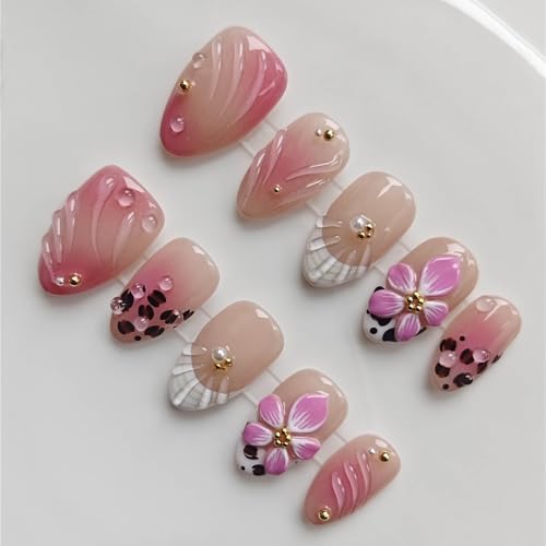 Gleamrain Short Almond Press-On Nails - Reusable Floral Fake Nails for Women
