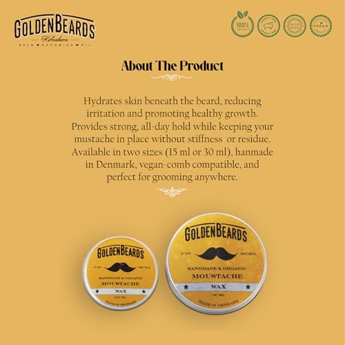 Golden Beards Mustache Wax ? Organic & Natural Medium Hold Styling Wax for Men, Nourishing Beeswax & Oils, Handmade in Denmark ? 15ml (0.5oz)