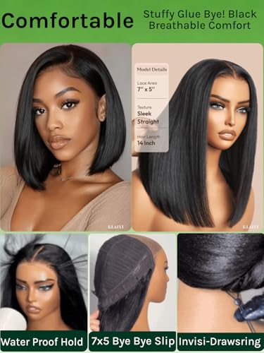 KLAIYI Bye Bye Slip Bob Wig 12" Human Hair Glueless 7x5 HD Lace