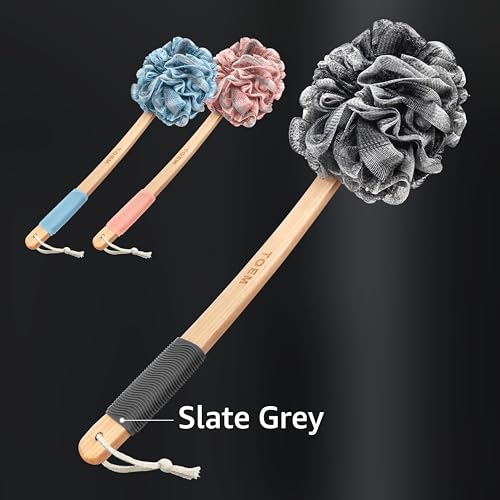 Bamboo Charcoal Back Scrubber with Long Handle & Pouf Set
