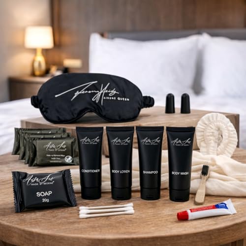 24 Piece Toiletry Kit for Hotels & Airbnb | 1oz Shampoo, Conditioner, Body Wash, Body Lotion, Bar Soap, Shower Cap, Razor, Toothbrush Set, Qtips & Makeup Remover Wipes (Toiletry Kit, 1)