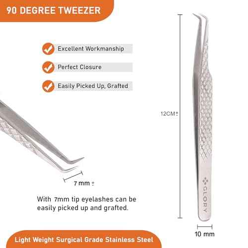 Glory 90 Degree Angle Lash Tweezers for Eyelash Extensions ? Precision Fiber Tip Diamond Grip Stainless Steel Lash Tool for Mega Volume Classic & Professional Lash Tech Supplies