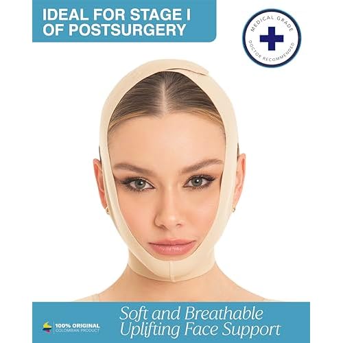 M&D Face Slimming Chin Strap Lipo Compression Garment Mentonera Postquir?rgica Facial Beige M (Pack of 2)