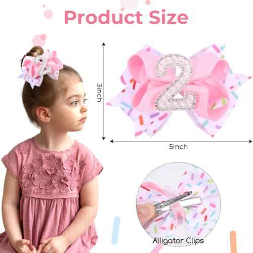 2PCS Hair Bows for Baby Girls Birthday - 2nd Birthday Hair Bow Sweet Theme with Ice Cream Party, Pink Hair Accessories for Baby Toddler 1 2 3 4 5 6 Years, Outfit & Decorations