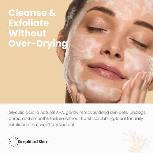 Simplified Skin Glycolic Acid Face Wash for Exfoliating & Anti-Aging - 10% AHA Cleanser to Remove Build Up & Even Tone on Face, Armpits & Body ? With Aloe Vera & Sunflower Oil, 6 Fl Oz