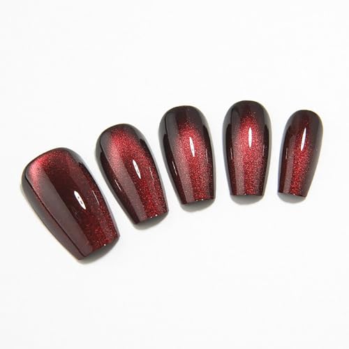Stbisen Midnight Blaze Burgundy Cat Eye Press On Nails - Medium Coffin, Glossy Fake Nails, Reusable Acrylic, 32 Pcs
