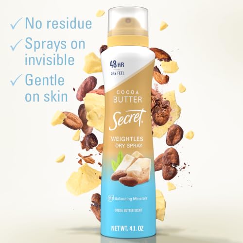 48HR Weightless Dry Spray Antiperspirant Deodorant for Women - Cocoa Butter Scent, Gentle on Skin