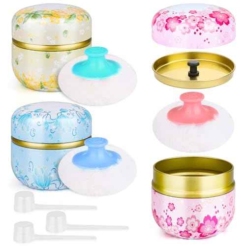 3 Pieces Body Powder Puff and Container, Baby Powder Container Floral Pattern with Large Fluffy Plush Puff Spoon, Baby Woman Loose Dusting Powder Tea Box for Home & Travel Use (Pink, Blue and Yellow)