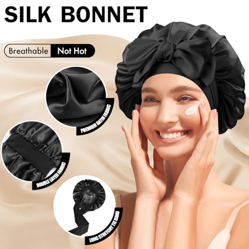 Silk Bonnet for Women - Adjustable Double Layer Sleep Cap Black