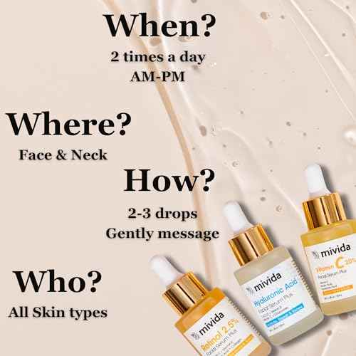mivida Anti-Aging Serum Trio| 20% Vitamin C + Hyaluronic Acid + 2.5% Retinol Serums For Face | Brightening & Hydrating Skincare Set | Reduces Wrinkles & Fine Lines 3x1floz