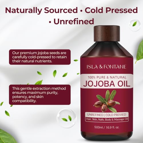 ISLA & FONTANE Jojoba Oil ? 500ml (17 fl oz) | 100% Pure & Natural | Golden, Unrefined, Cold Pressed | Hexane-Free Carrier Oil for Skin, Hair, Face, Nails & Body Moisturizing