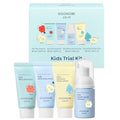 GOONGBE Kids Travel Toiletry Set ? 4-in-1 TSA Carry-On Kit with Shampoo, Body Wash, Face Cleanser (Sunscreen Removal) & Lotion, Silicone-Free Low pH for Sensitive Skin1oz Each
