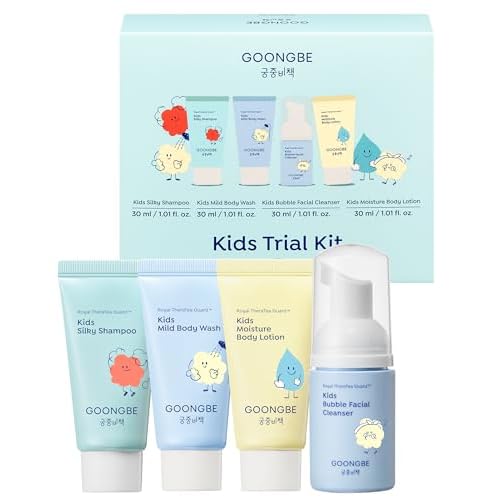 GOONGBE Kids Travel Toiletry Set ? 4-in-1 TSA Carry-On Kit with Shampoo, Body Wash, Face Cleanser (Sunscreen Removal) & Lotion, Silicone-Free Low pH for Sensitive Skin1oz Each