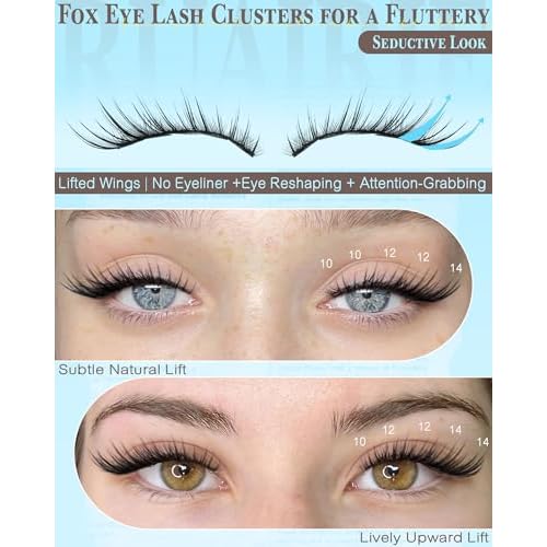 Fox Eye Lash Clusters Natural Eyelash Clusters 10-14mm Wispy Lashes Clusters Spiky Cluster Eyelash Extensions Fairy Cluster Lashes Daily Wear Eyelashes Clusters Hooded Eye DIY Lash Extension