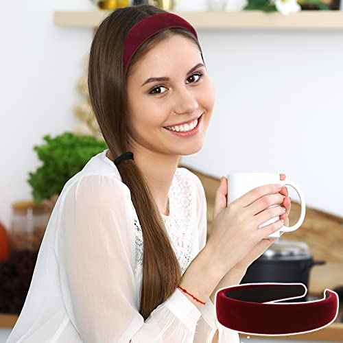 4Pcs Black Velvet Headband for Women Girls Wide Hairbands Pack Non Slip Thick Headband Set Adult Red Brown Green Padded Hair Band Fashion Soft Headbands for Long Short Thin Curly Hair Accessories Gift