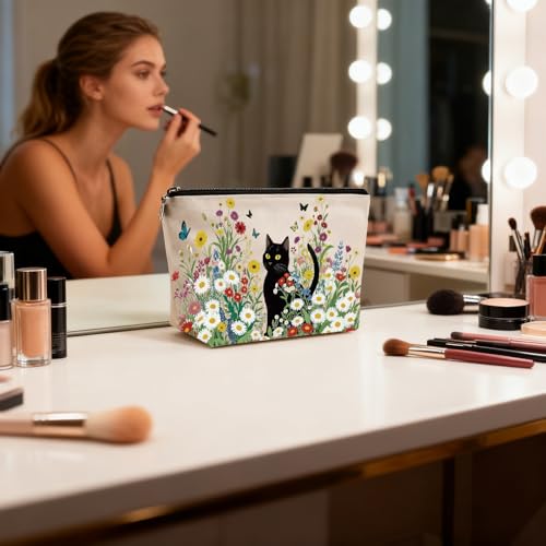 Black Cat Makeup Bag for Women - Travel Cosmetic Organizer