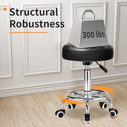 Rolling Stool with Wheels - PU Leather, 300lb Capacity
