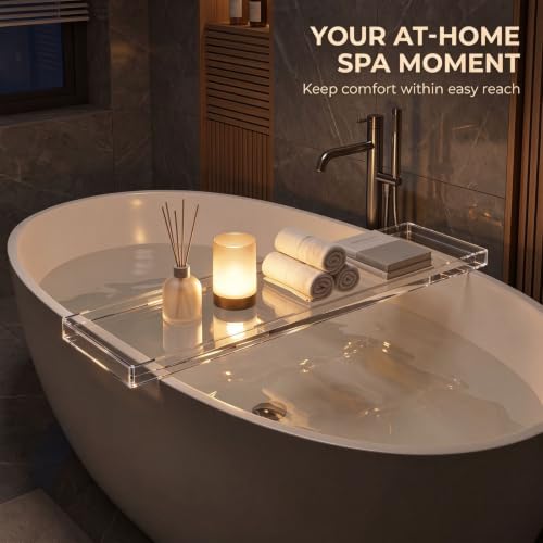 CXNGD Bathtub Tray Table, Clear Acrylic 32.3 x 7.9 x 1.2in, Anti-Slip Bath Caddy for 2