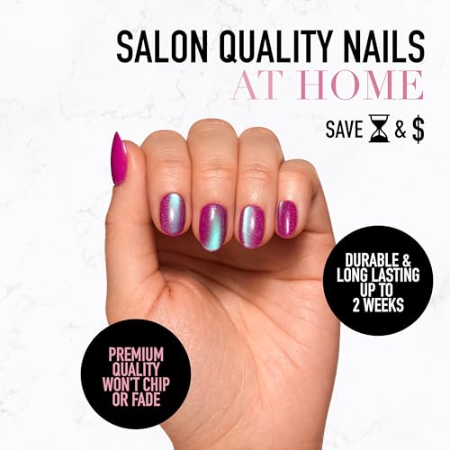 Glamnetic Press On Nails - Berry Fizz Short Oval With Brush On Glue and Remover | Magenta With Metallic Finish, Reusable | 15 Sizes - 30 Nail Kit