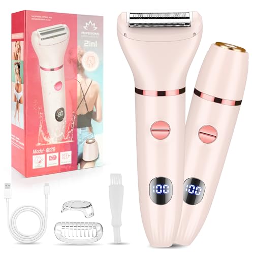 Karrte 2-in-1 Women Electric Shaver Dual Head Bikini Trimmer, Razors for Shaving Pubic Hair, Wet and Dry Cordless Painless Hair Removal for Private Area Pink