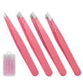 Eyebrow Tweezers for Women with Slanted, Splinter, and Pointed Tips. Professional Tweezers for Women Facial Hair for Eyebrow Care. 4 Piece Pinzas para Cejas Set. (PinkTweezer)