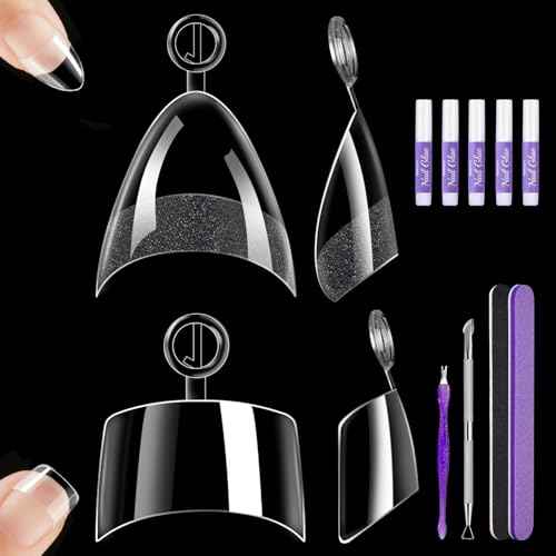 480 Pcs Extra Short Almond Nail Tips, Half Cover Square Nail Tips, 2 Shape Clear Short Fake Nails with Glue, Pre Shape Acrylic Nails with Files and Cuticle Fork for Salons and Home DIY